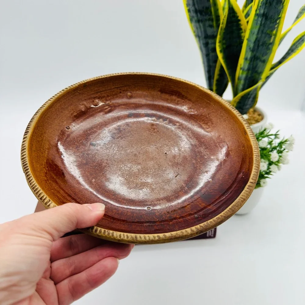 Vintage Antique‎ Primitive Redware Pie Plate with Cog Edge Brown Glaze 9